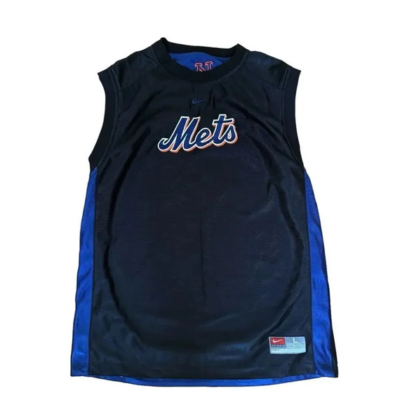 Nike Boys MLB Mets Black Blue Top Tee Reversible Muscle Sports Sleeveless Logo L - Picture 1 of 15